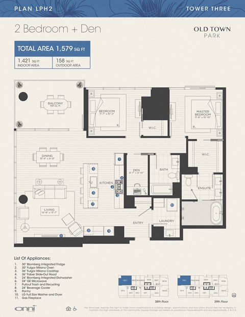 Floor plan for 2 beds, 2 baths, 1421 sqft